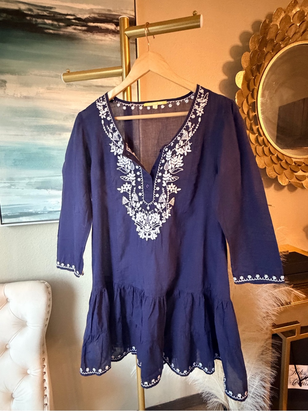 Gianni Bini Navy Blue Embroidered Beach Cover Up Tunic Dress Size S